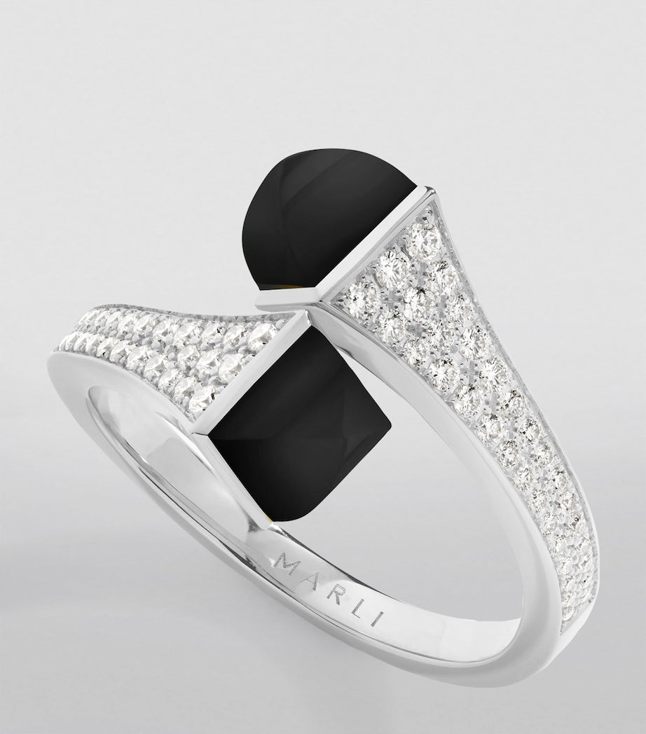 Marli New York Cleo ring in 18kt white gold with diamonds and black onyx, imported from the UK