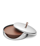Georg Jensen leather coasters set of 4 in stainless steel box, UK version