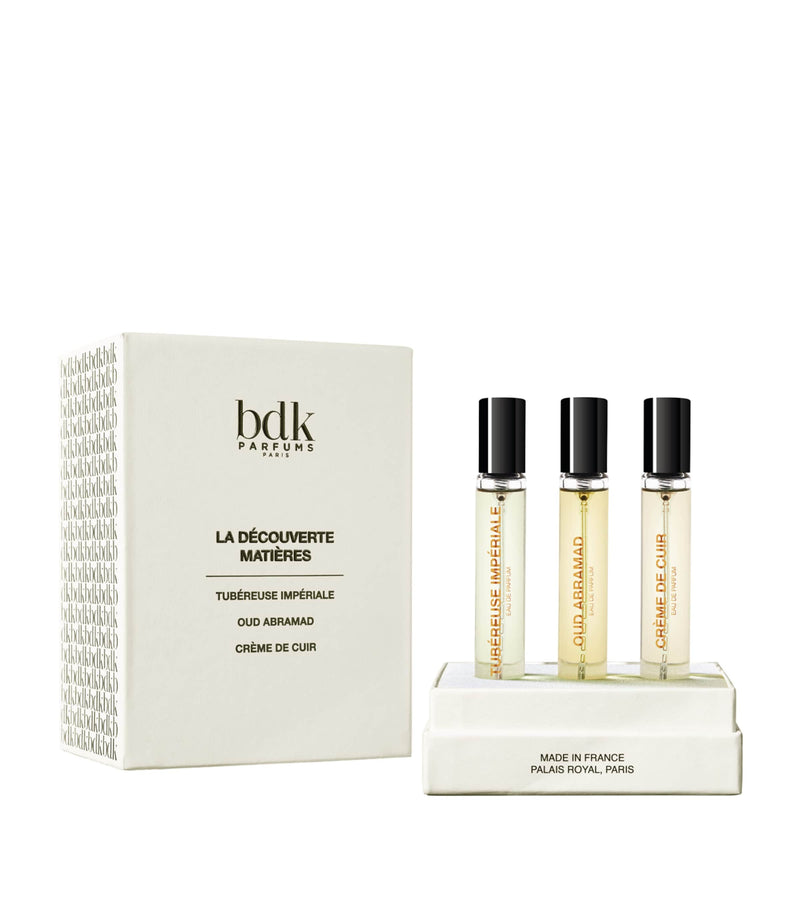 BDK Parfums fragrance discovery gift set with three travel eau de parfums - British product