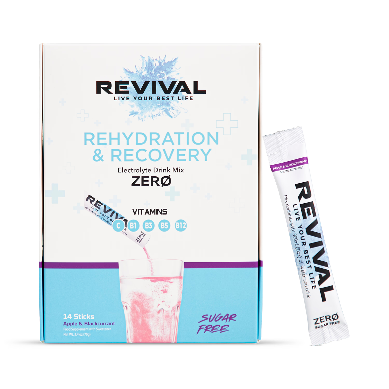 Revival Zero electrolyte drink mix Apple Blackcurrant 14 pack, imported from the UK