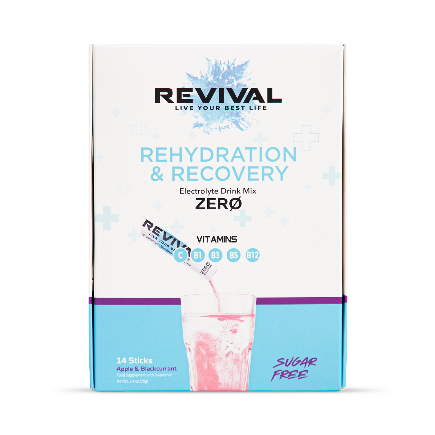 Revival Zero electrolyte drink mix Apple Blackcurrant 14 pack, imported from the UK