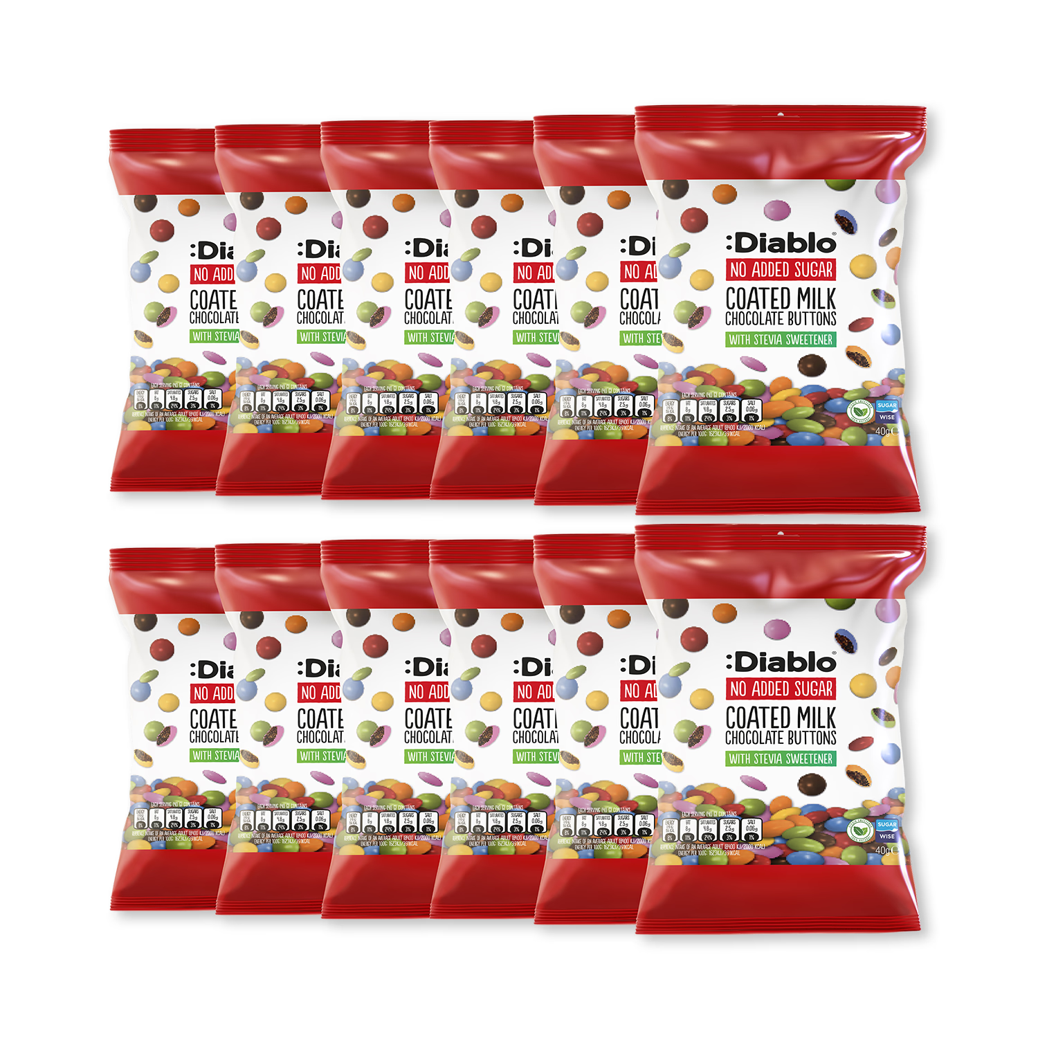 Diablo no added sugar milk chocolate buttons 40g 12-pack (British brand)