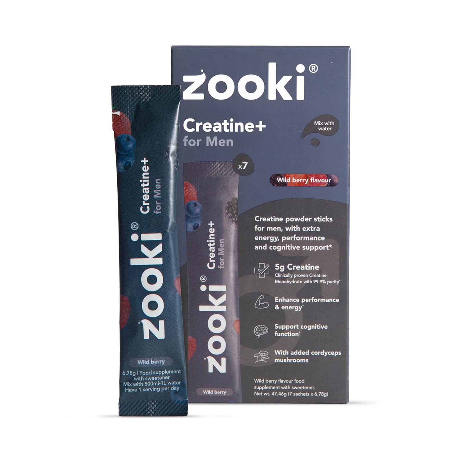 Zooki creatine supplement powder wild berry flavour 7 sachets, imported from the UK