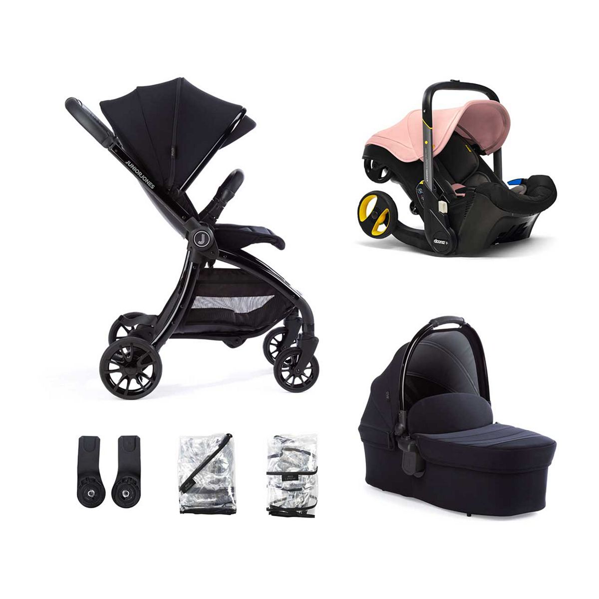 Junior Jones Aylo Rich Black 6 Piece Travel System inc Doona Blush Pink Car Seat GOODS Boots   