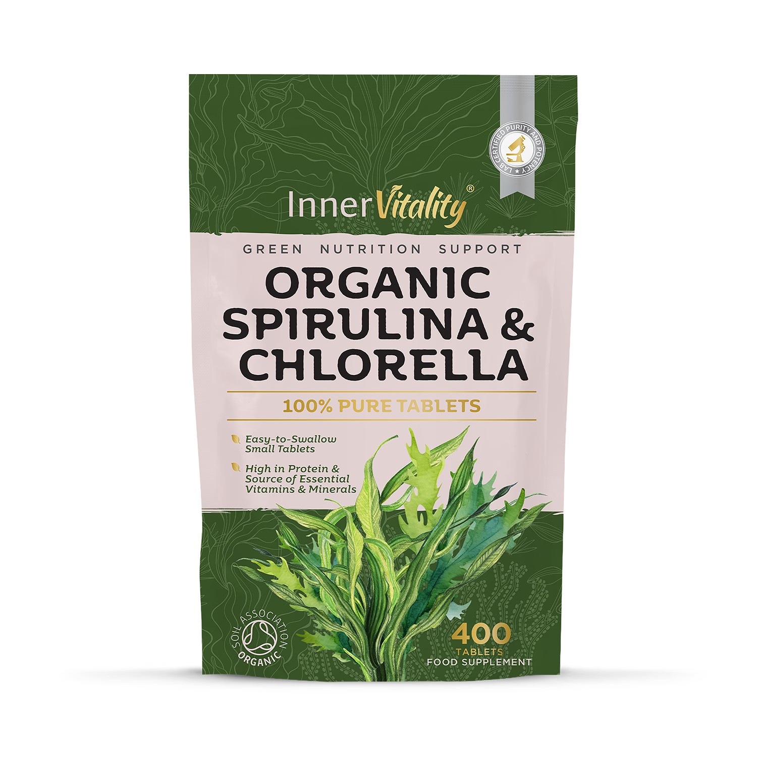 Inner Vitality organic spirulina and chlorella tablets 400 count (British brand)