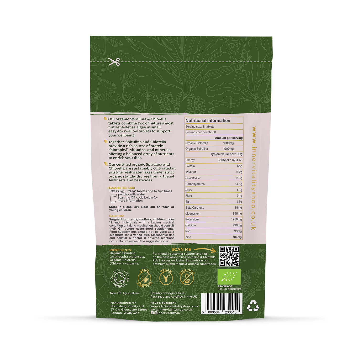 Inner Vitality organic spirulina and chlorella tablets 400 count (British brand)