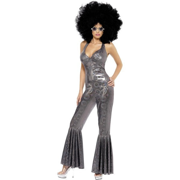 Smiffys Disco Diva costume silver flared jumpsuit, UK version