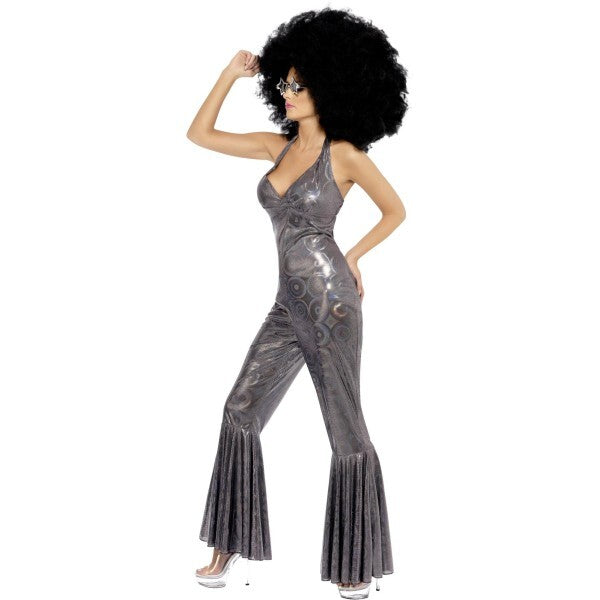 Smiffys Disco Diva costume silver flared jumpsuit, UK version