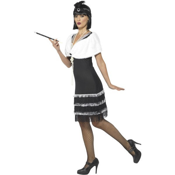 Smiffys Flapper Costume in black with dress and fur stole - British product