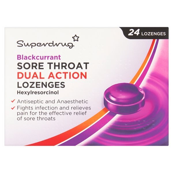 Superdrug Blackcurrant Sore Throat Dual Action 24 Lozenges GOODS Superdrug   