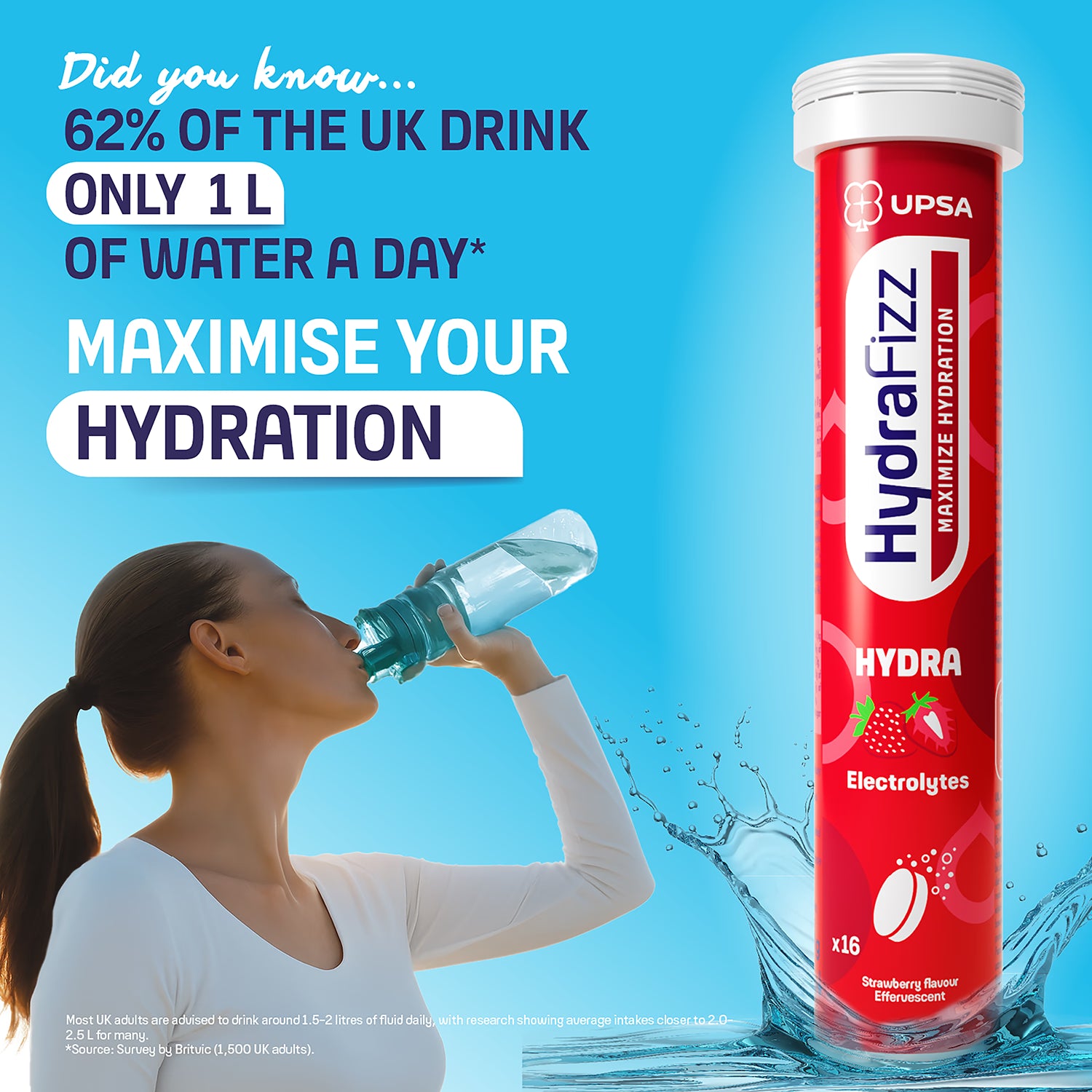Hydrafizz Strawberry effervescent hydration tablets, imported from the UK