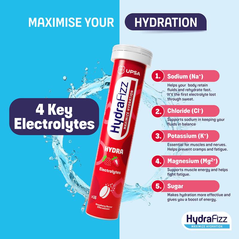 Hydrafizz Strawberry effervescent hydration tablets, imported from the UK