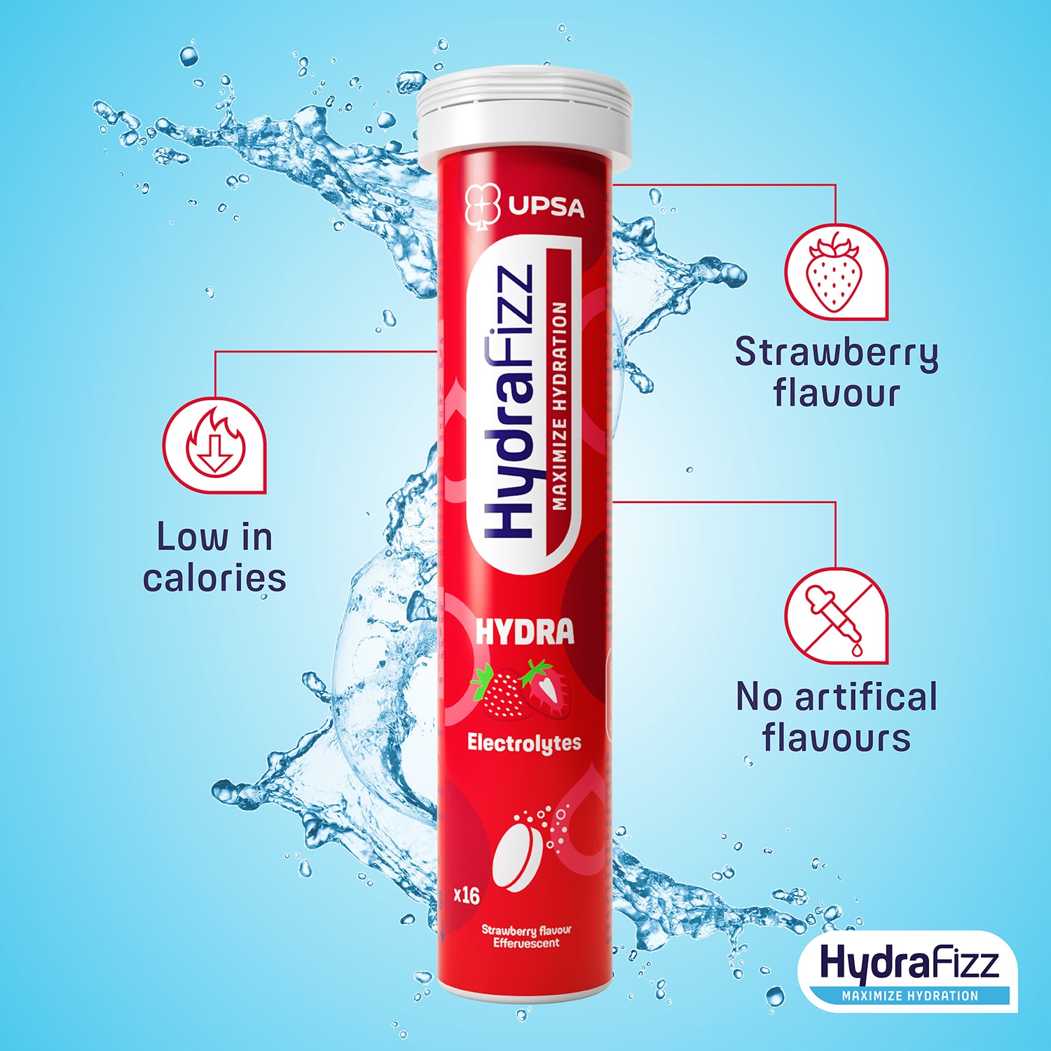 Hydrafizz Strawberry effervescent hydration tablets, imported from the UK