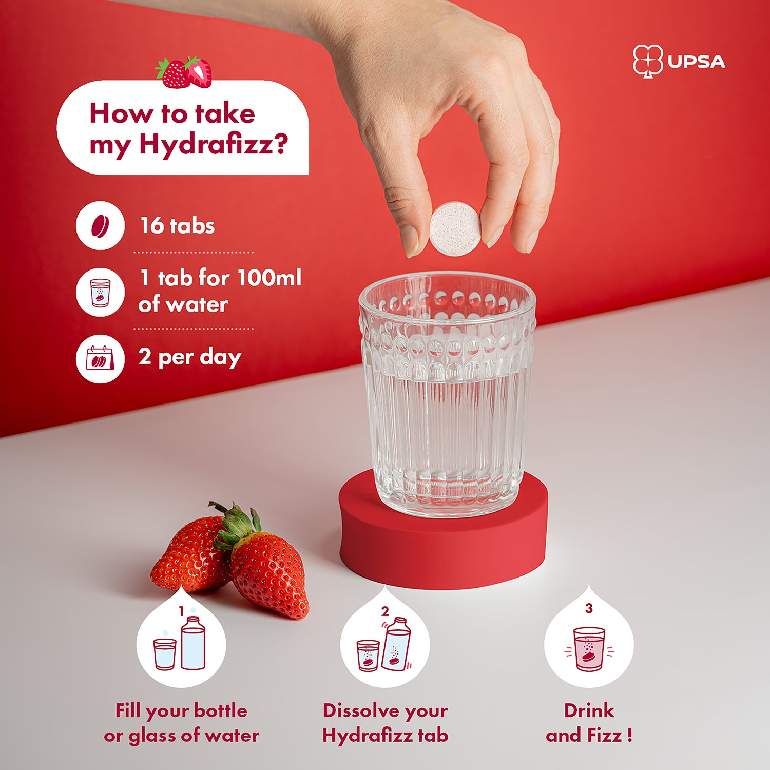 Hydrafizz Strawberry effervescent hydration tablets, imported from the UK
