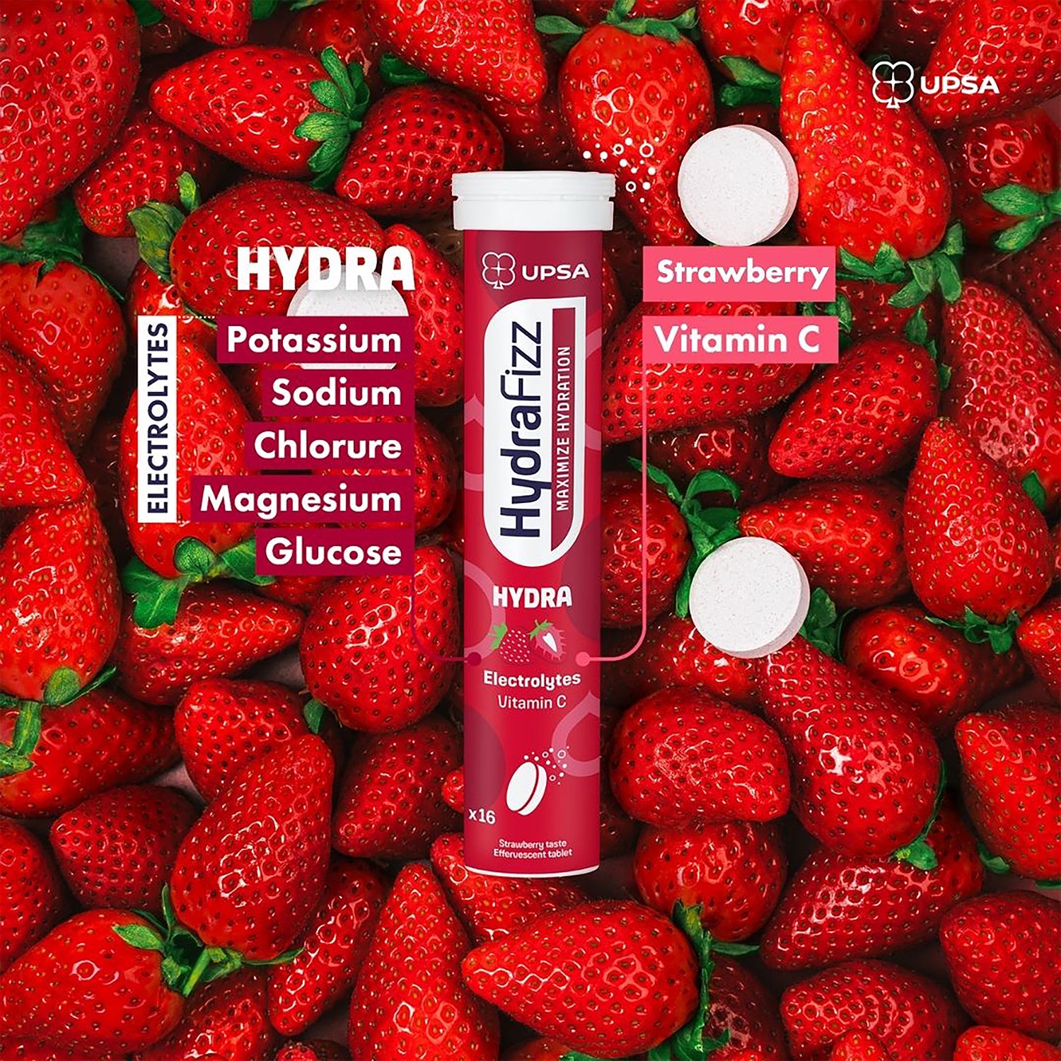 Hydrafizz Strawberry effervescent hydration tablets, imported from the UK
