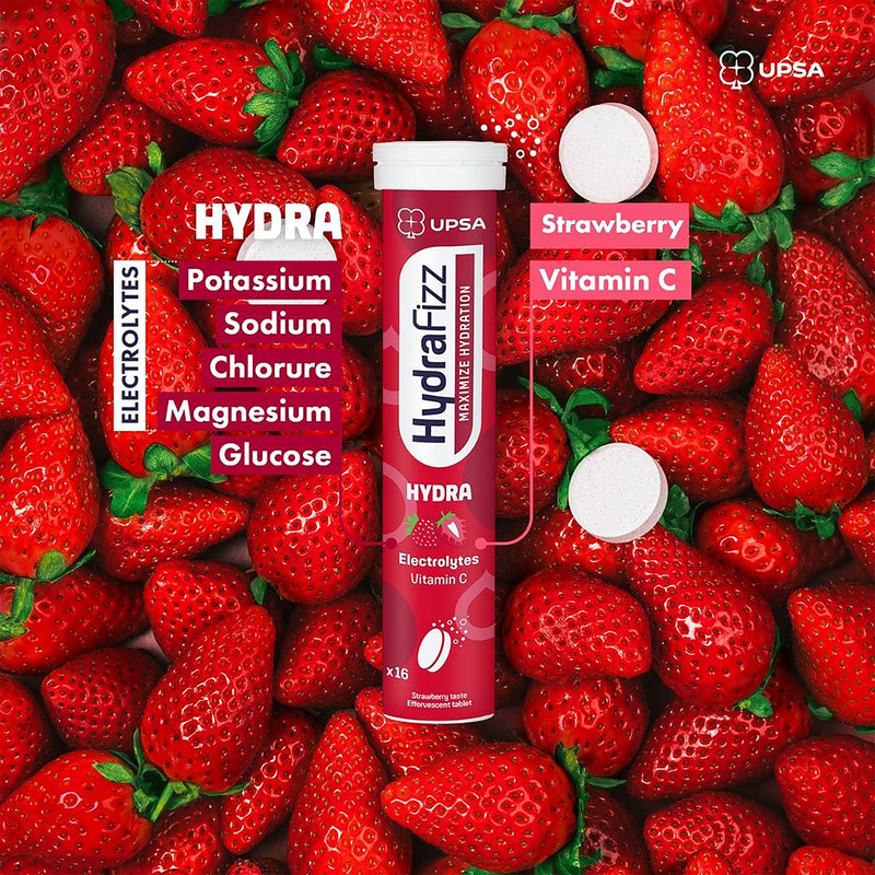 Hydrafizz Strawberry effervescent hydration tablets, imported from the UK