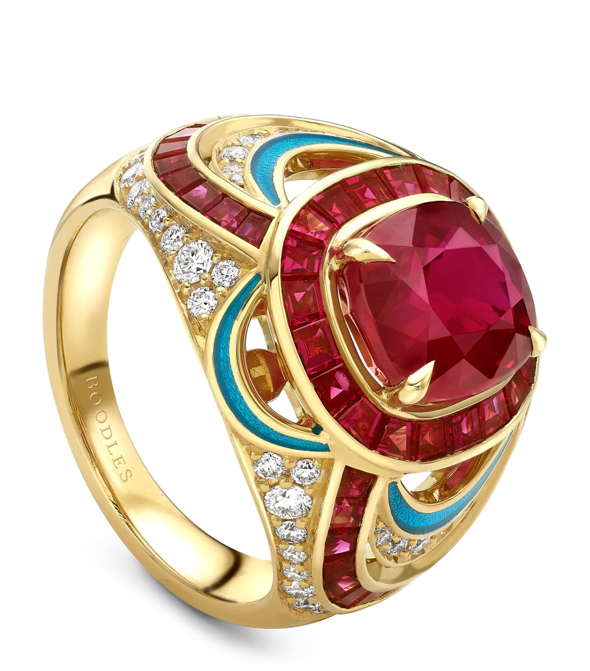Boodles yellow gold diamond and ruby Palace ring - British product