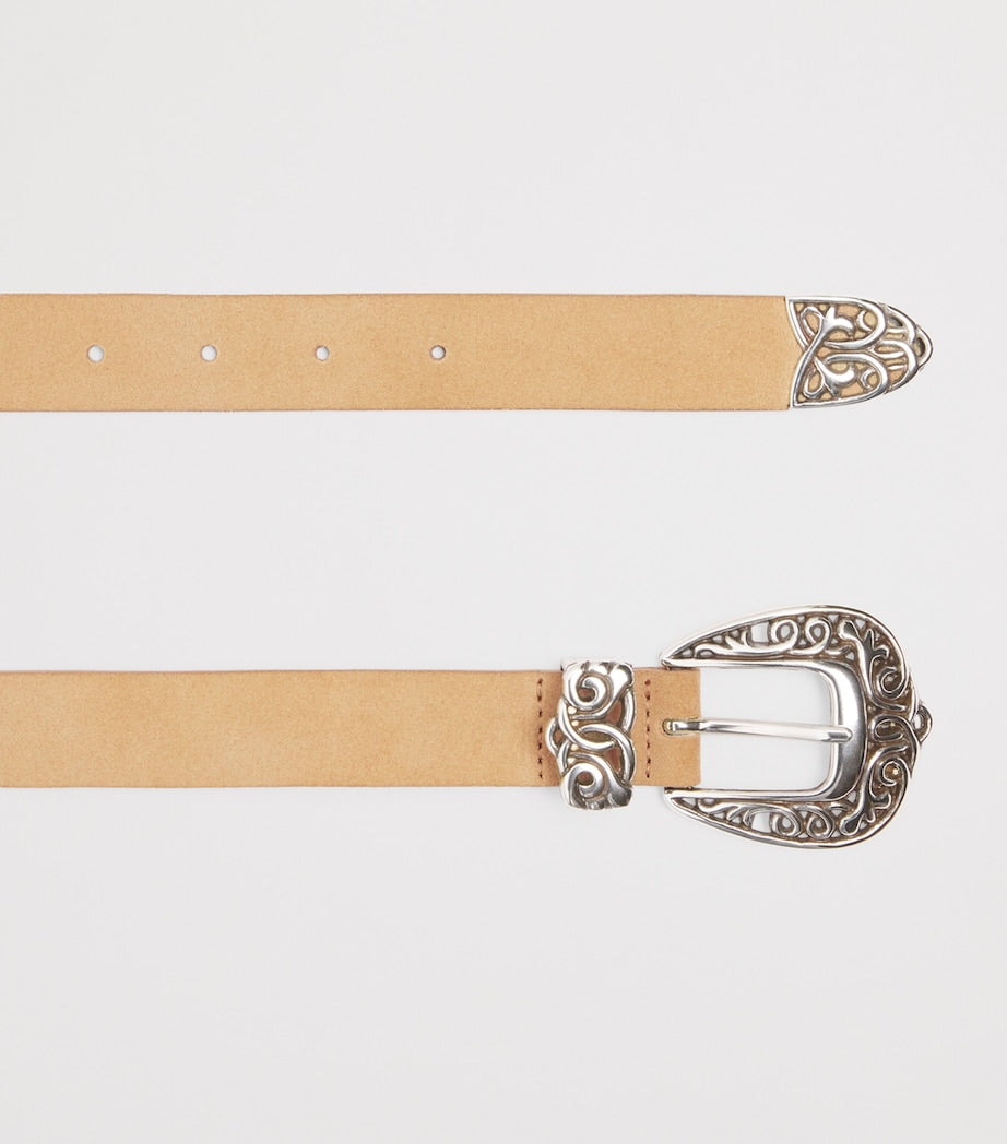 Eleventy suede belt with Western-style buckle, imported from the UK