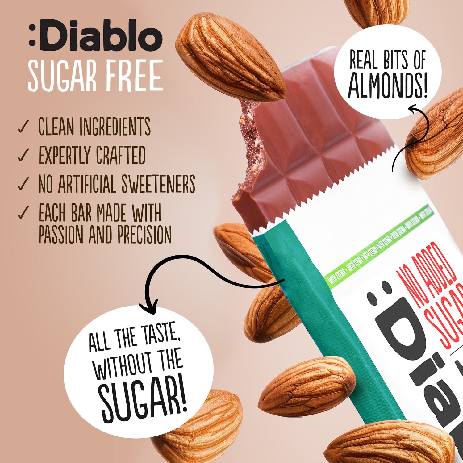 Diablo milk chocolate bar with almonds no added sugar 75g (British brand)
