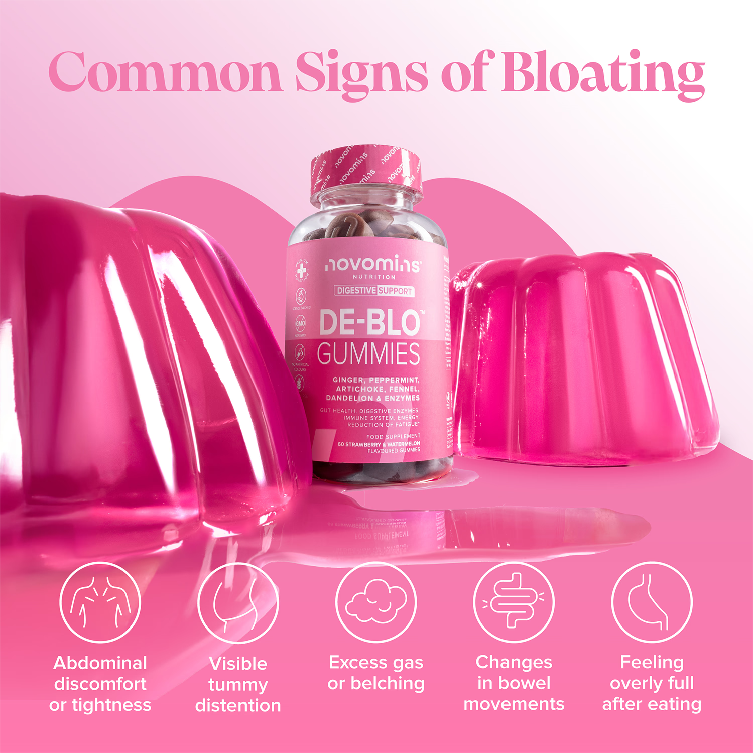Novomins De-Bloat gummies Strawberry & Watermelon 60 count, UK version