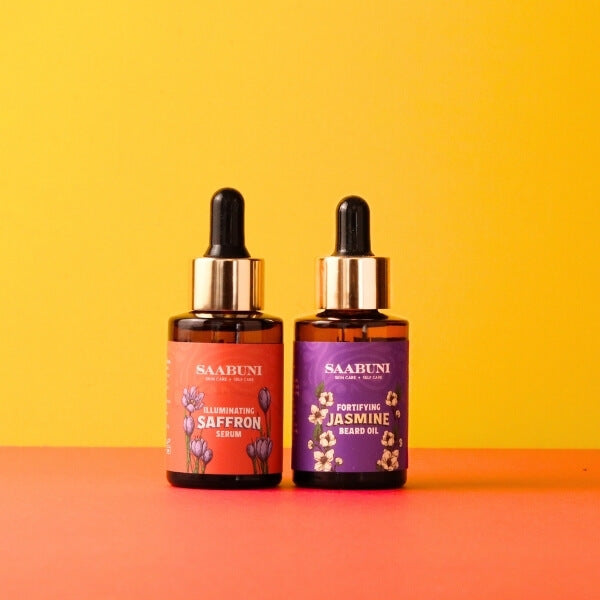 Saabuni fortifying beard oil and illuminating saffron serum grooming bundle, imported from the UK