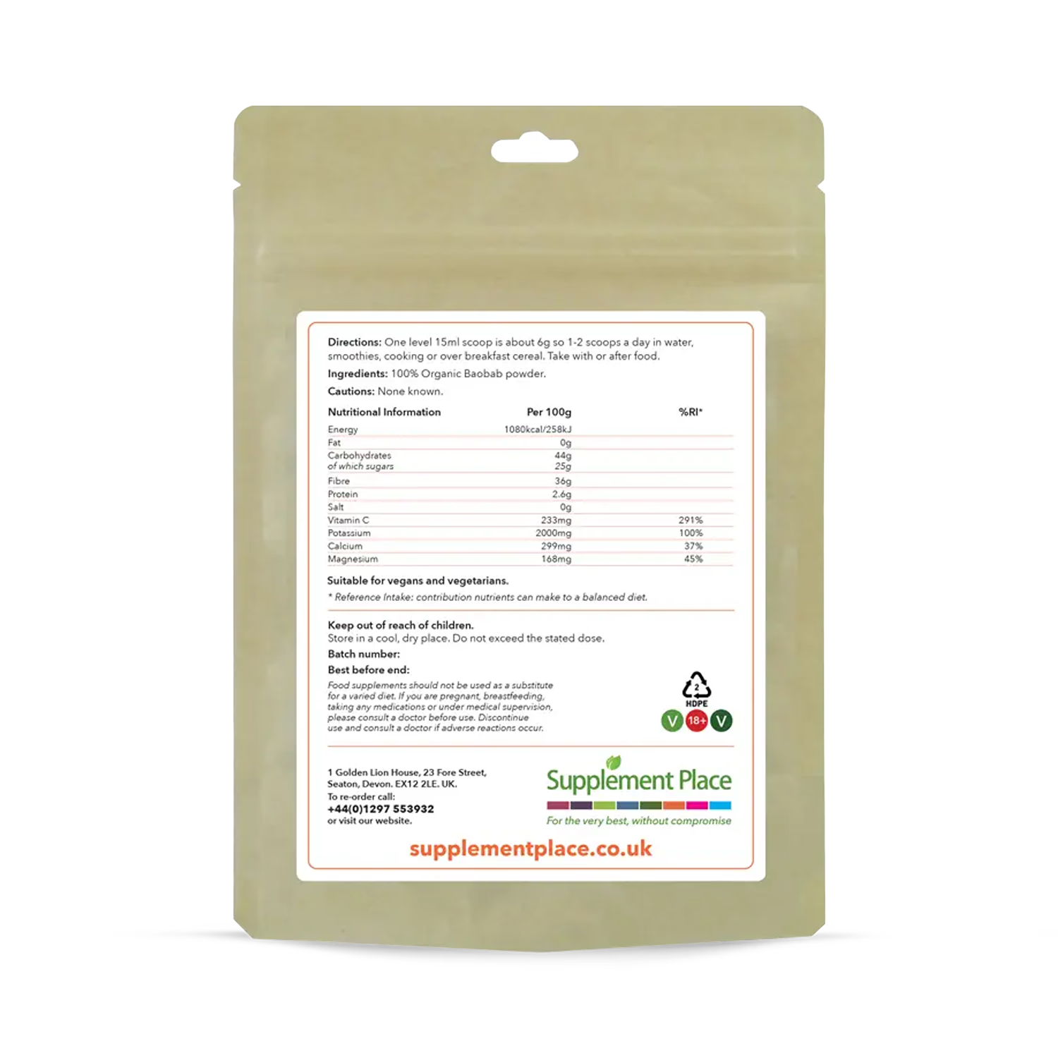 Supplement Place organic baobab powder 250g, UK version