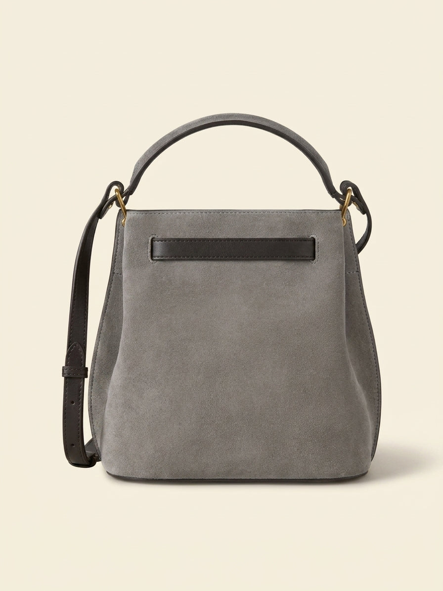 Mulberry Islington suede bucket bag with Postman's Lock closure (British brand)
