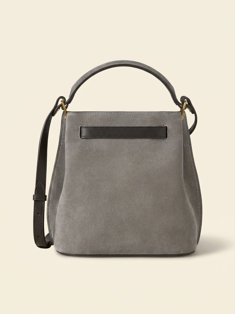 Mulberry Islington suede bucket bag with Postman's Lock closure (British brand)