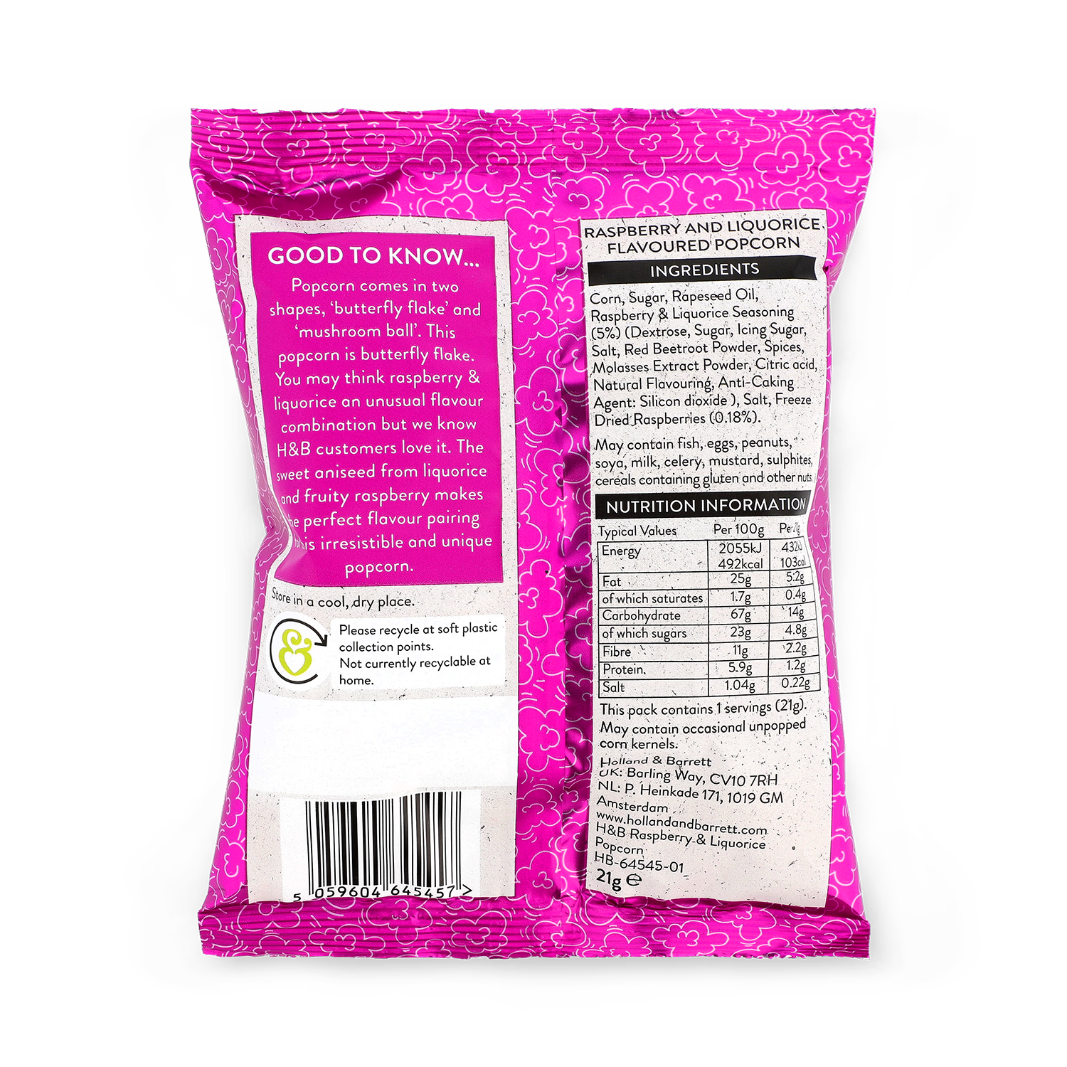Holland & Barrett Raspberry & Liquorice Popcorn 21g, UK version