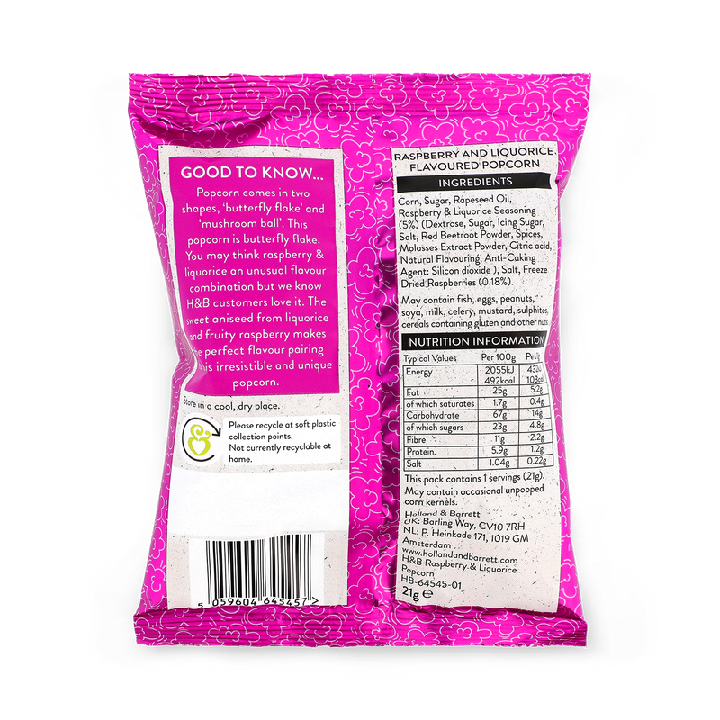 Holland & Barrett Raspberry & Liquorice Popcorn 21g, UK version