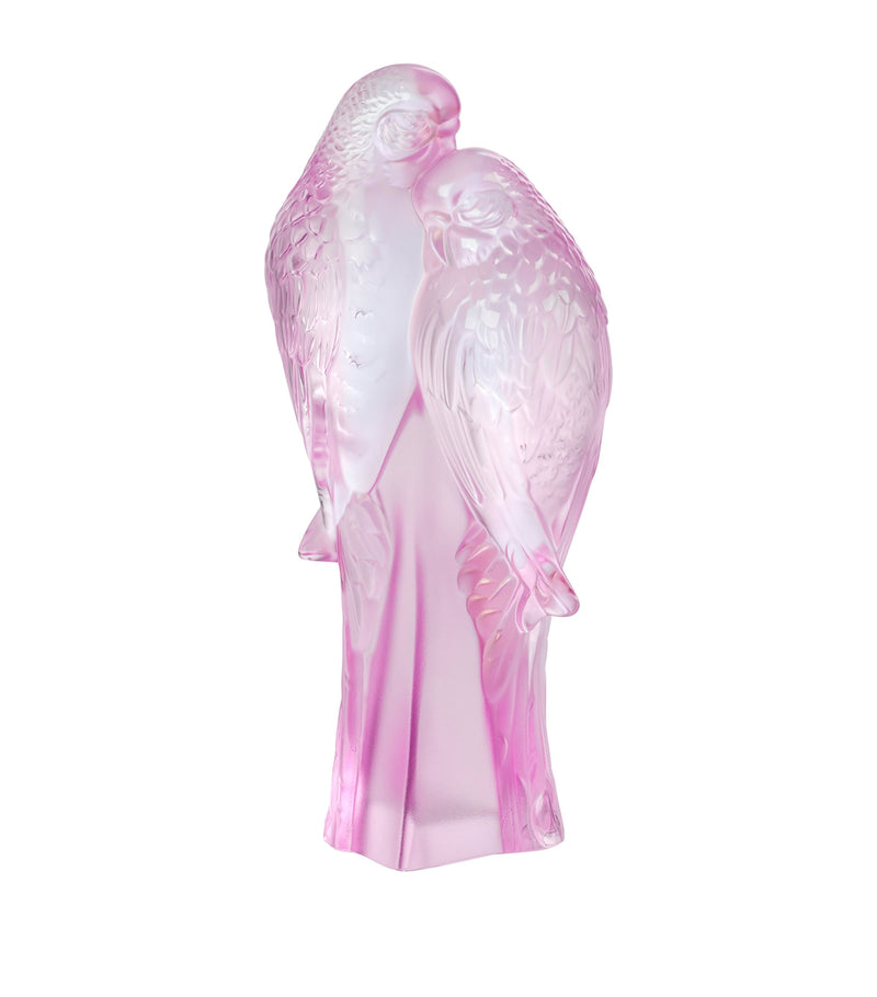 Lalique Rose Nebula Two Parakeets crystal sculpture, UK version