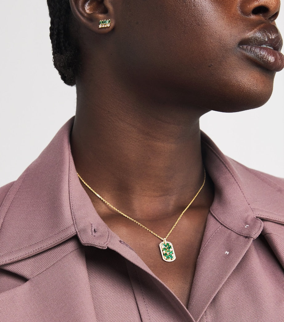 Suzanne Kalan yellow gold diamond and emerald dog tag necklace - British product