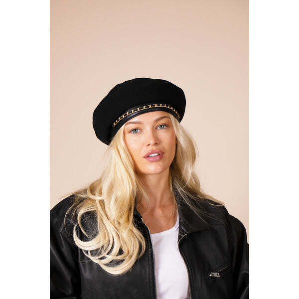 SVNX beret hat with chain detail in black (British brand)