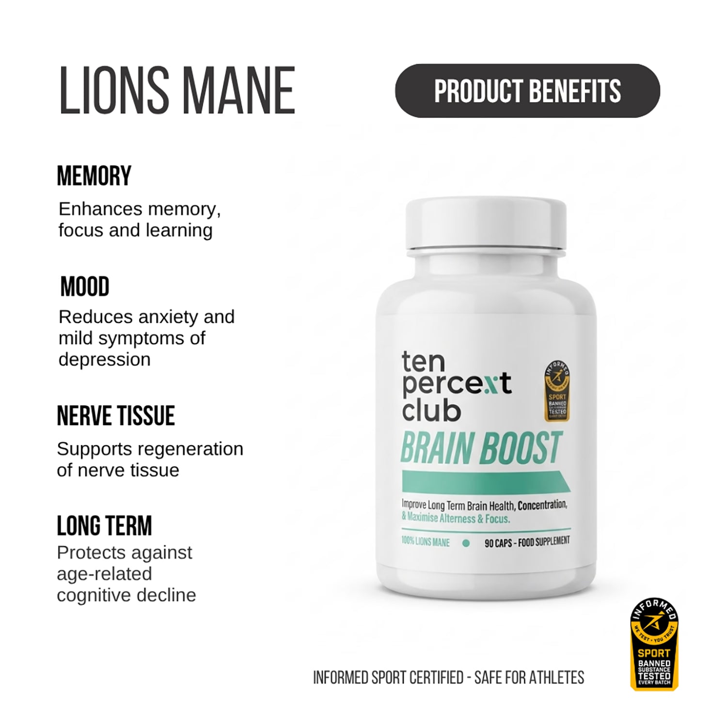 The Ten Percent Club Lion's Mane 90 Capsules, imported from the UK