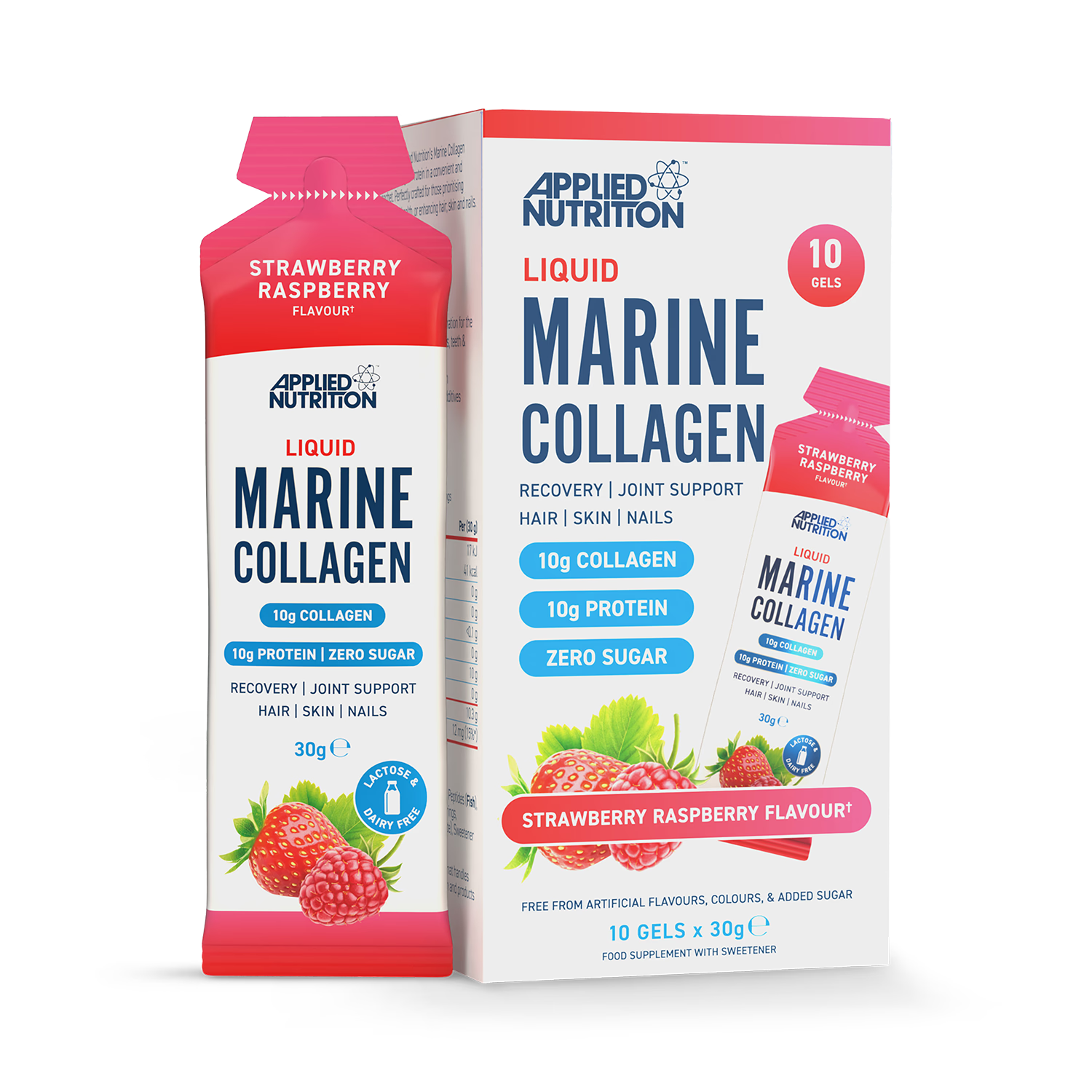Applied Nutrition liquid marine collagen gels strawberry raspberry 10 pack, imported from the UK