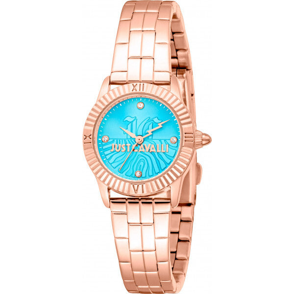 Just Cavalli ladies' Mini Raffinata blue watch with stainless steel bracelet, imported from the UK