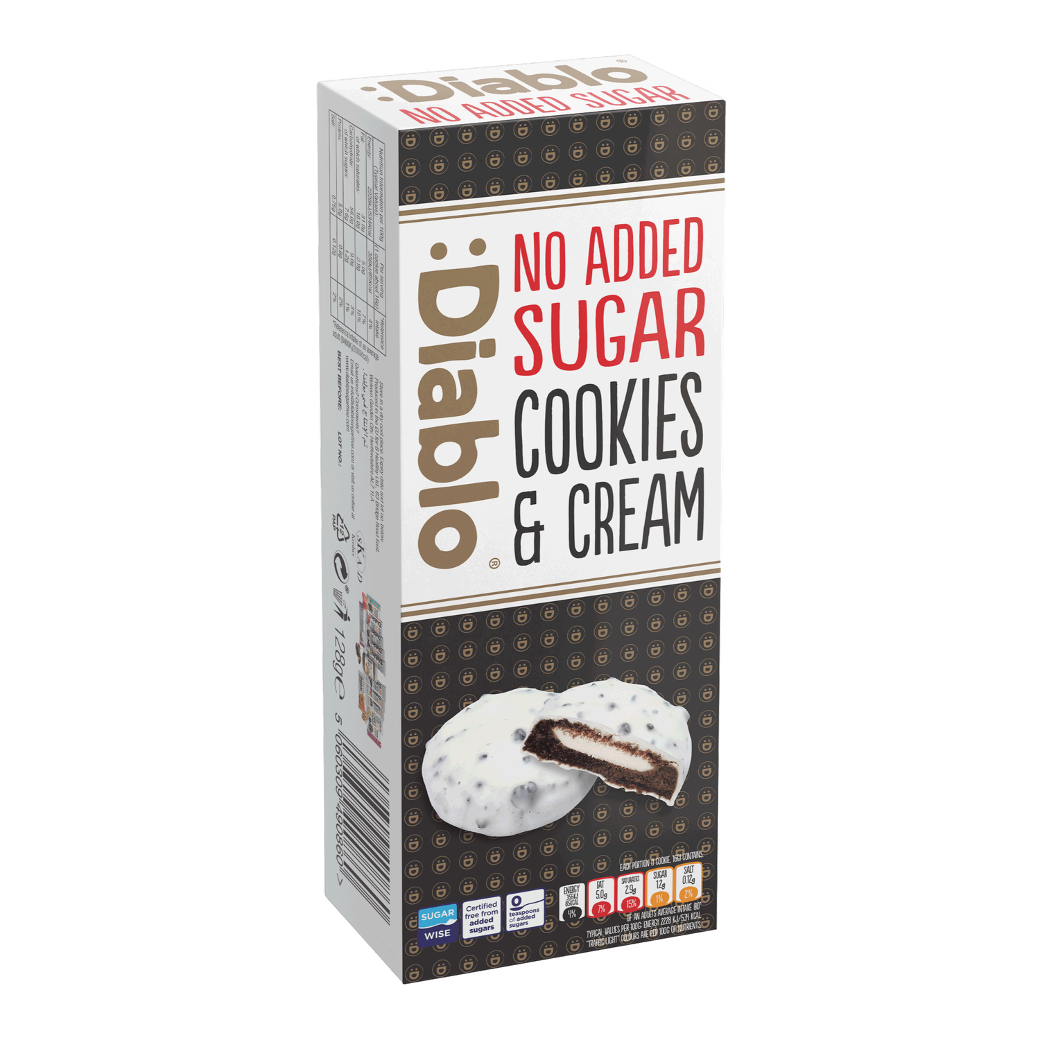 Diablo no added sugar cookies and cream white chocolate 128g pack (British brand)