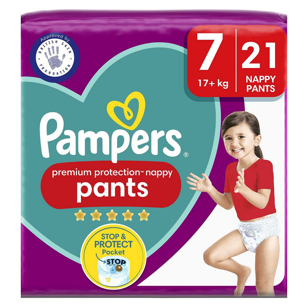 Pampers Premium Protection Nappy Pants Size 7, 21 Nappies, 17kg+, Essential Pack