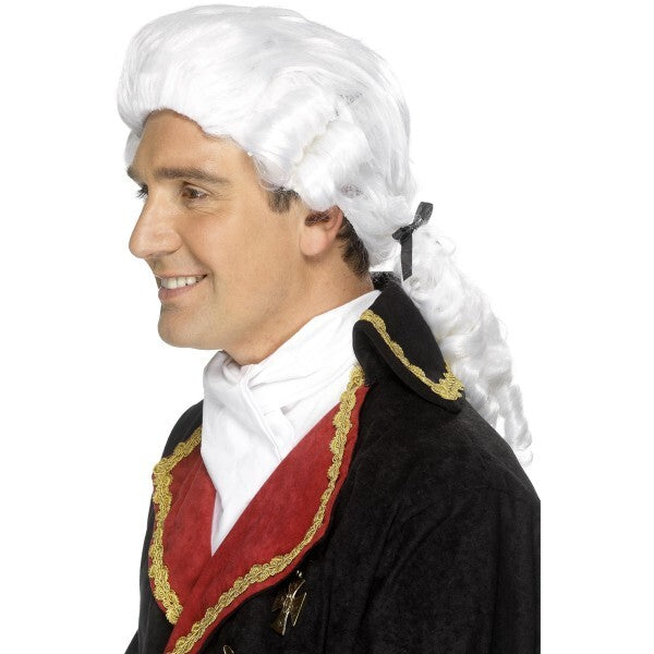 Smiffys court wig white with black ribbon and ringlets (British brand)