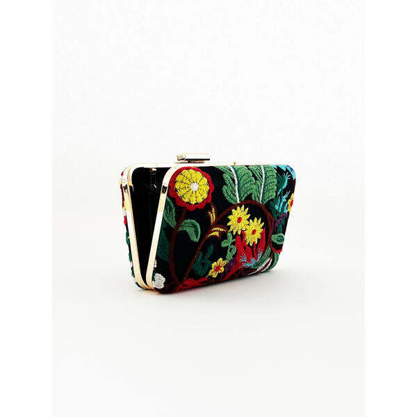SVNX square clutch with multicoloured embroidered florals (British brand)