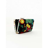 SVNX square clutch with multicoloured embroidered florals (British brand)