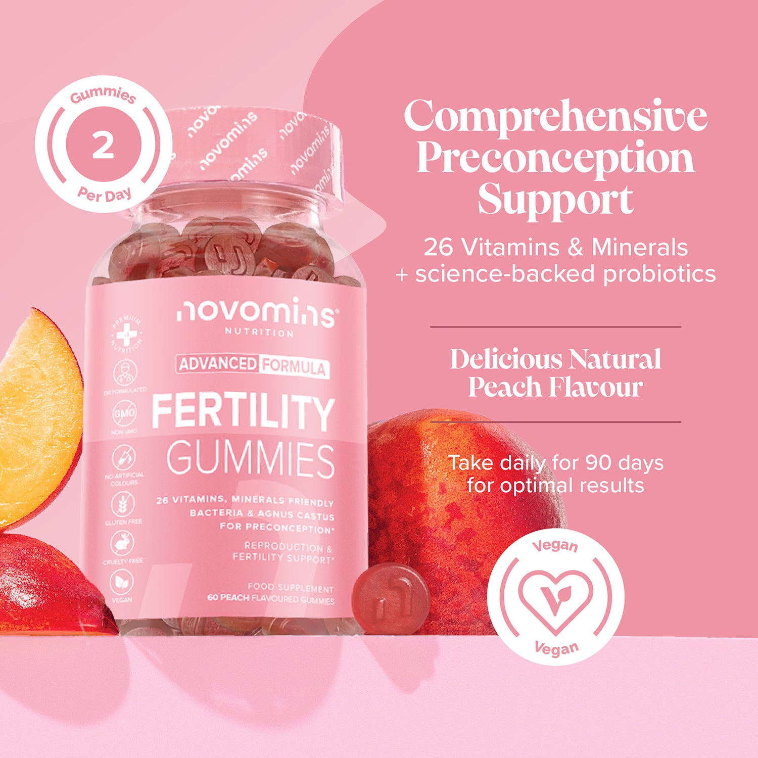 Novomins fertility gummies peach flavoured 60 count, imported from the UK