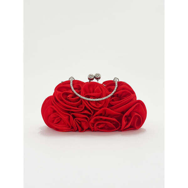 SVNX 3D rose satin clutch bag with chain strap in red, UK version