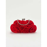 SVNX 3D rose satin clutch bag with chain strap in red, UK version