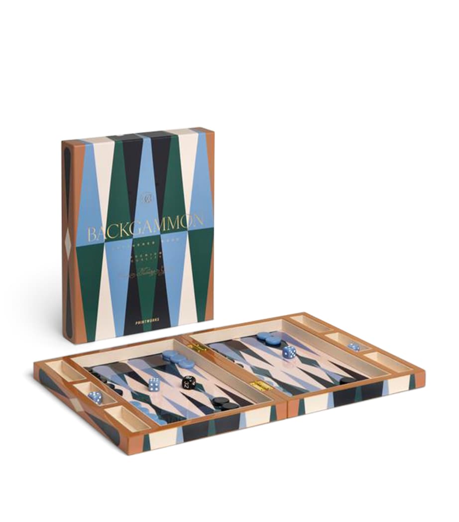 Printworks lacquered wooden backgammon set with acrylic playing pieces, imported from the UK