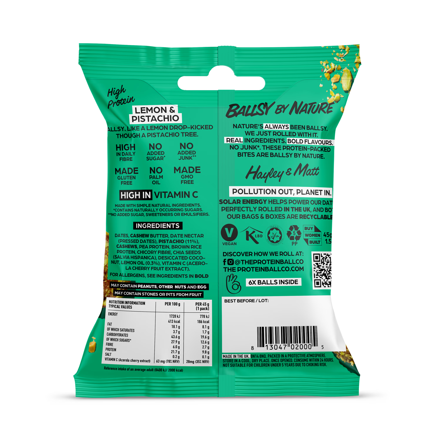 Ballsy plant-based energy balls Lemon & Pistachio case of 10 (British brand)