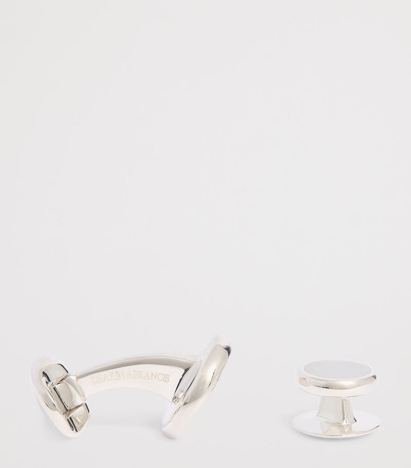 Deakin & Francis sterling silver mother-of-pearl round cufflinks, imported from the UK