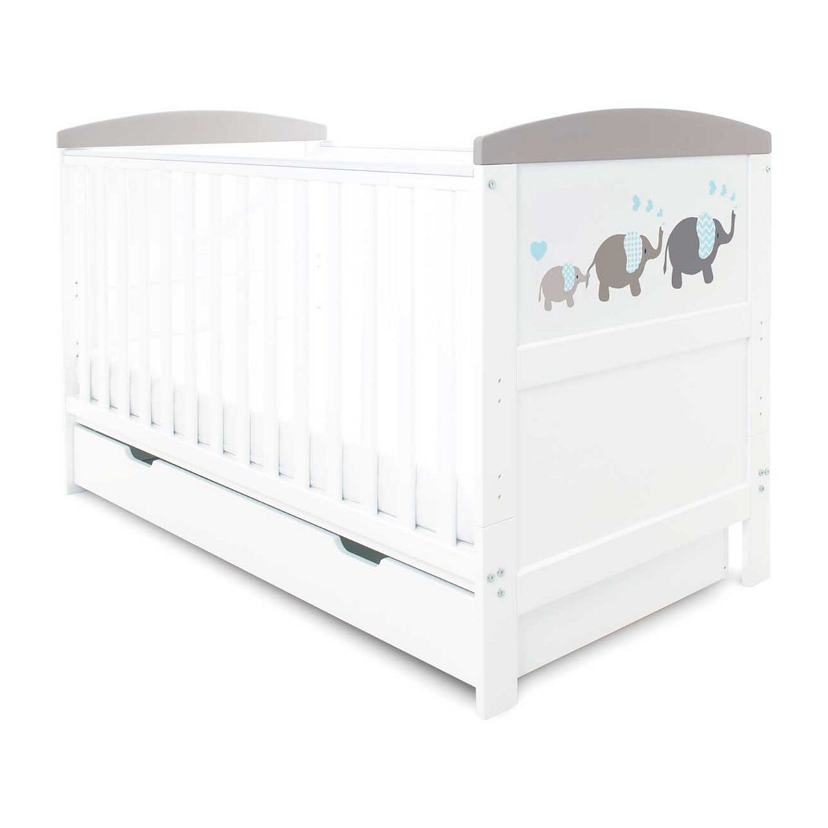 Ickle Bubba Coleby Style Cot Bed, Under Drawer and Deluxe Mattress - Elephant Love Grey GOODS Boots   