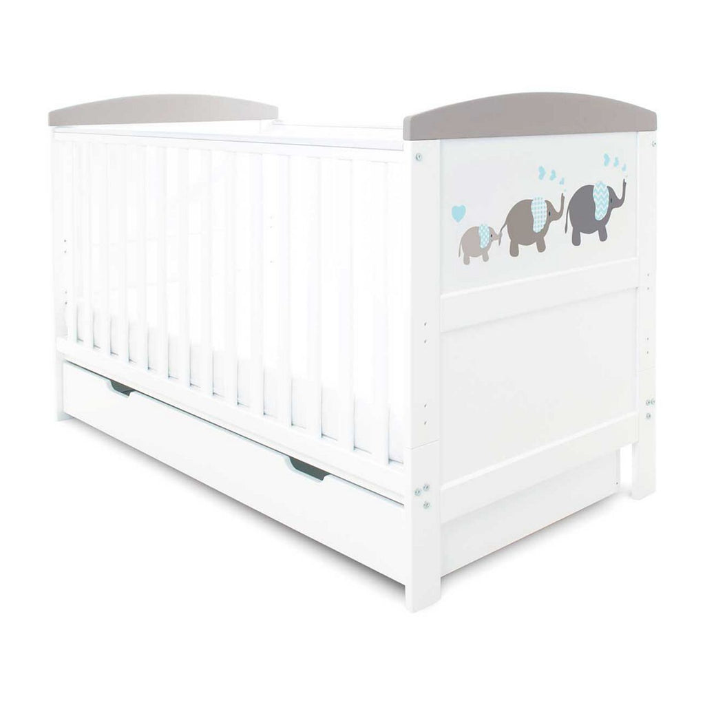 Ickle Bubba Coleby Style Cot Bed, Under Drawer and Deluxe Mattress - Elephant Love Grey