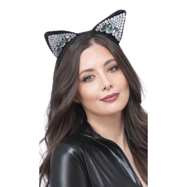 Smiffys jewelled black cat ear headband - British product